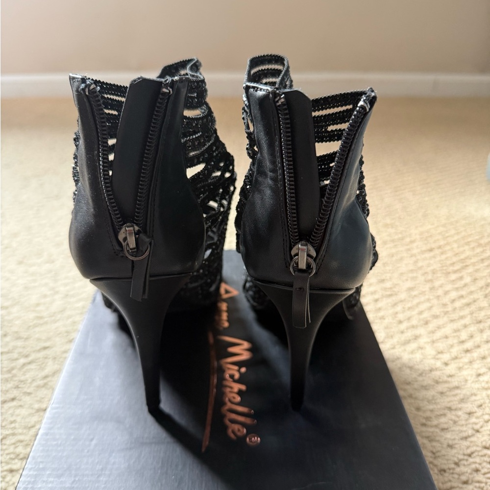 Anne Michelle Black Strappy Rhinestone High Heel Sandals - Picture 3 of 5